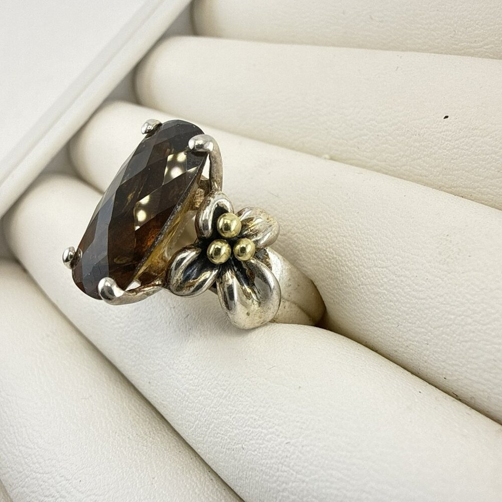 Ann King Ring Sterling Silver 18k Yellow Gold Floral Flower Smoky Quartz Size 8 - Picture 4 of 11